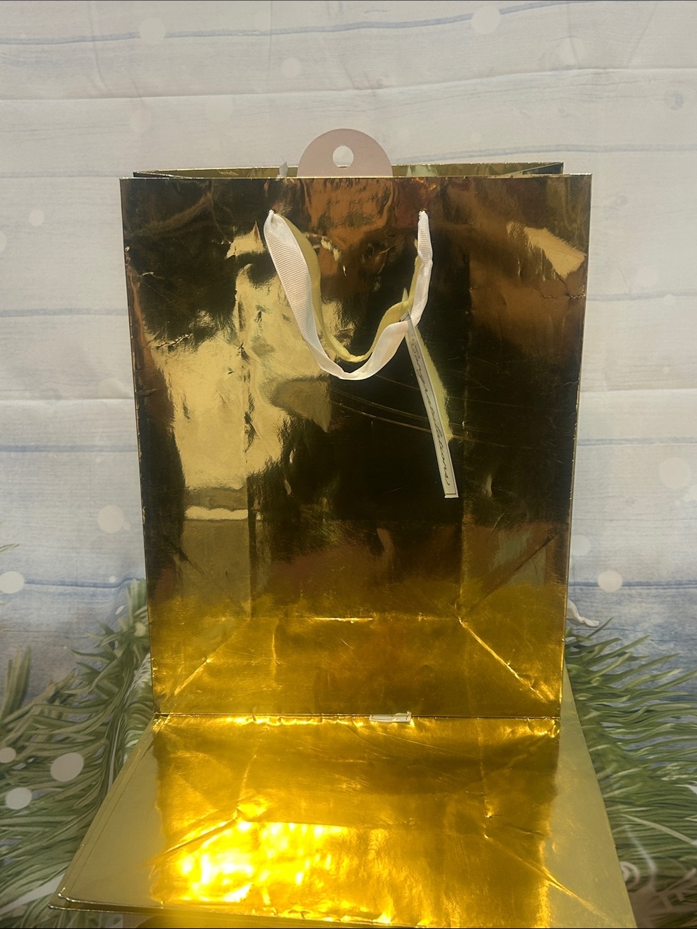 6 qty Gold Metallic Gift Bag with White Ribbon Handles  - Party Supplies